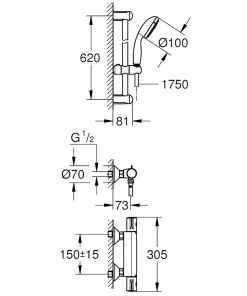 Colonne De Douche Thermostatique|Grohe Grohtherm 800 Mitigeur thermostatique douche 1/2" avec ensemble de douche, Chrome (34565001)