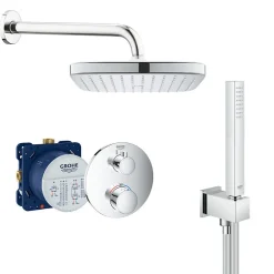 Colonne De Douche Sans Robinetterie|Grohe Grohtherm Set de douche encastré avec mitigeur thermostatique, douche de tête 250mm + Douchette avec support mural, Chrome