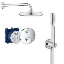 Grohe Grohtherm Set de douche encastré avec mitigeur thermostatique, douche de tête 210mm + Douchette avec support mural, Chrome