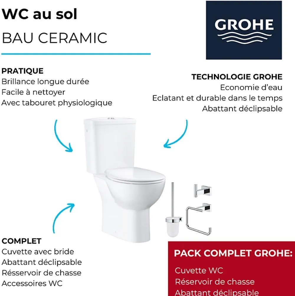 Grohe Pack WC à poser Bau Ceramic quickfix + Accessoires salle de bain Essentials Cube