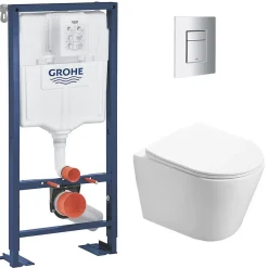 Wc Suspendu|Grohe Pack WC Bati support autoportant + WC SAT sans bride + Abattant Soft close + Plaque chrome (Autoportant-Infinitio-1)