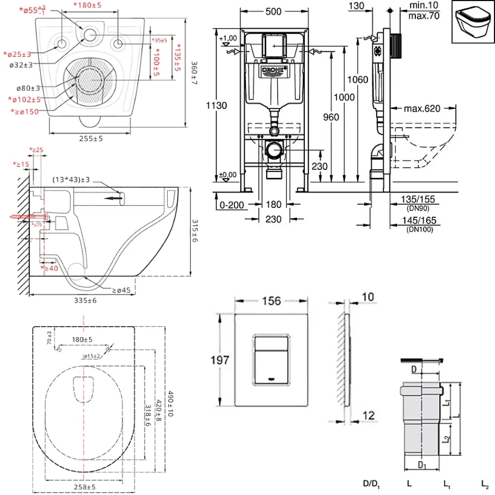 Grohe Pack WC Bâti-support Rapid SL + WC SAT Tornado sans bride + Abattant SoftClose + Plaque noire matte (RSLTORNADOKF0)