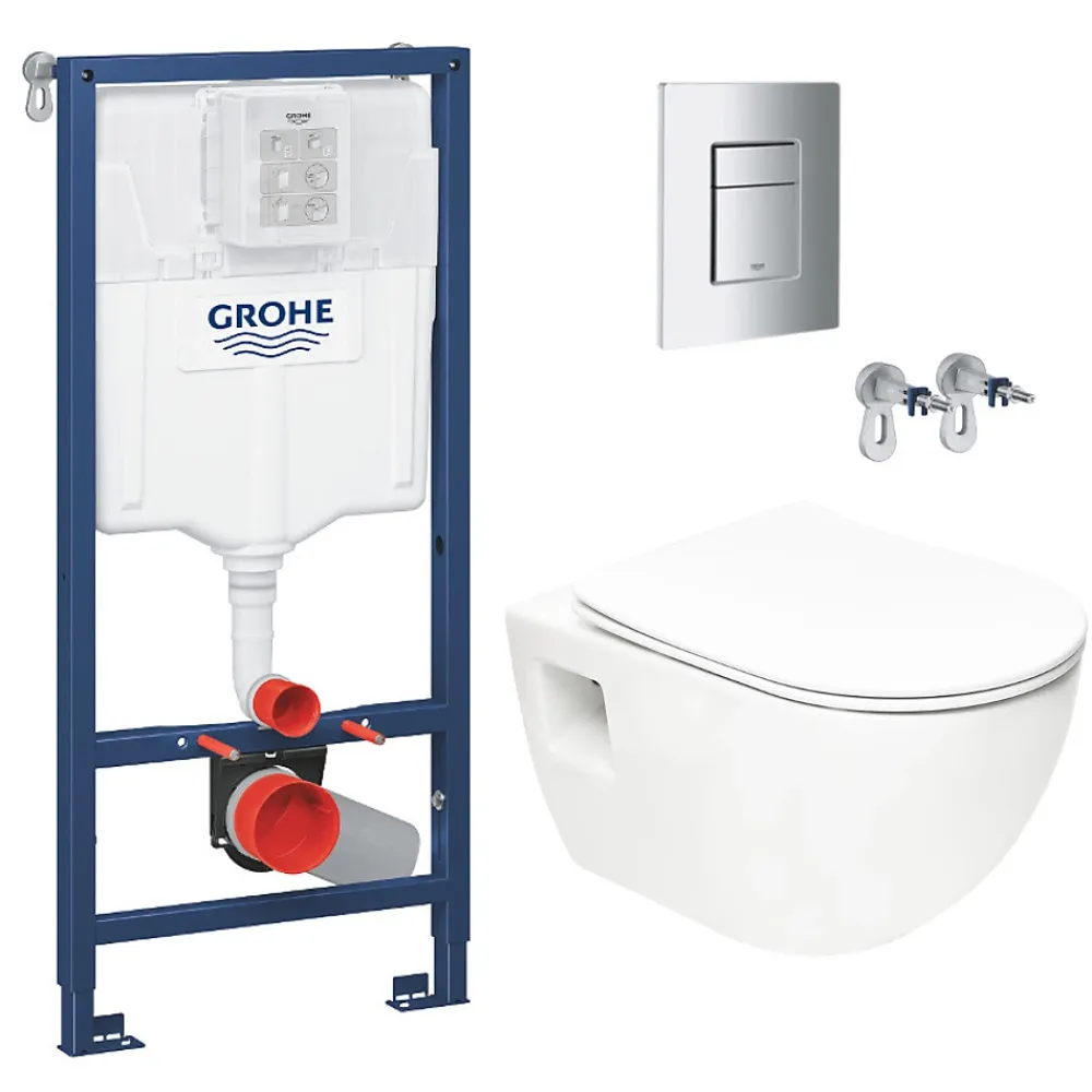 Grohe Pack WC Bâti-support Rapid SL + WC sans bride SAT + Abattant SoftClose + Plaque Chrome (RapidSL-Project-1)