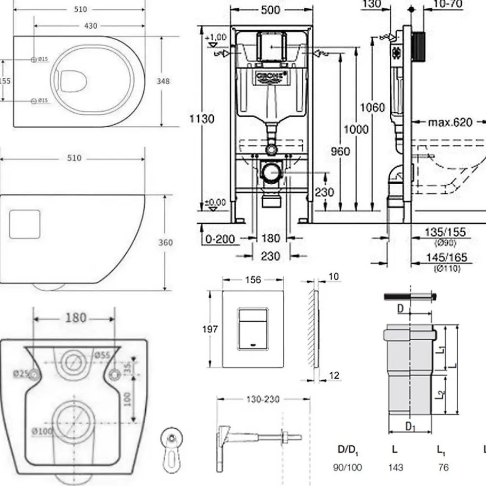 Grohe Pack WC Bâti-support Rapid SL + WC sans bride SAT + Abattant SoftClose + Plaque Chrome (RapidSL-Project-1)