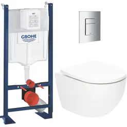 Wc Suspendu|Grohe Pack WC Bâti-support autoportant Rapid SL + WC SAT Tornado sans bride + Abattant SoftClose + Plaque chrome (PROTORNADO1)
