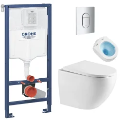 Wc Suspendu|Grohe Pack WC Bâti-support + WC sans bride Tornado Quiet SAT Fusion + Abattant softclose + Plaque Chrome