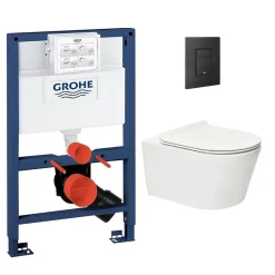 Wc Suspendu|Grohe Pack WC Bâti-support Rapid SL + WC sans bride SAT Brevis + Plaque Noir mat (RapidSL082-Brevis-KF0)