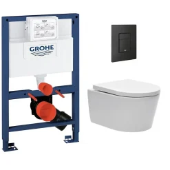 Wc Suspendu|Grohe Pack WC Rapid SL + Cuvette sans bride SAT, fixations invisibles + Plaque Noir mat (RapidSL082-SATrimless-KF0)