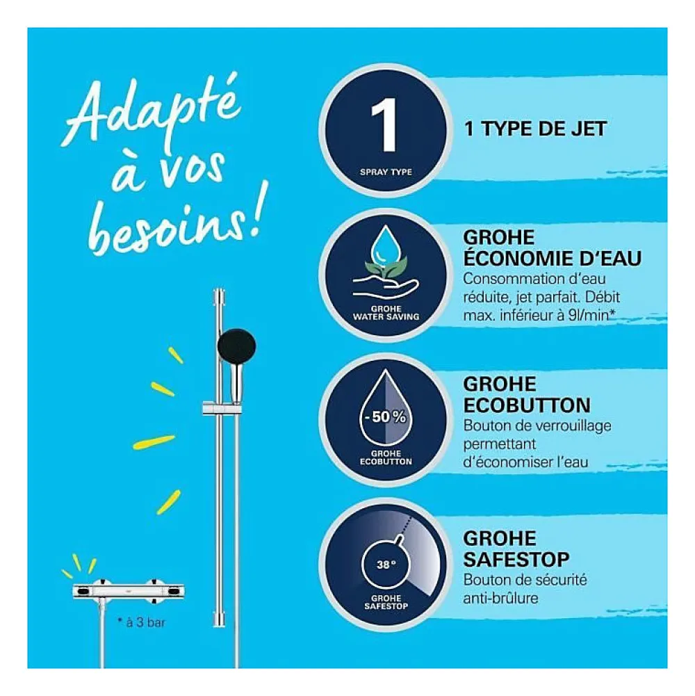 Grohe Precision Flow Set de douche avec mitigeur thermostatique + Douchette + Barre 90 cm, chrome (G34805001)