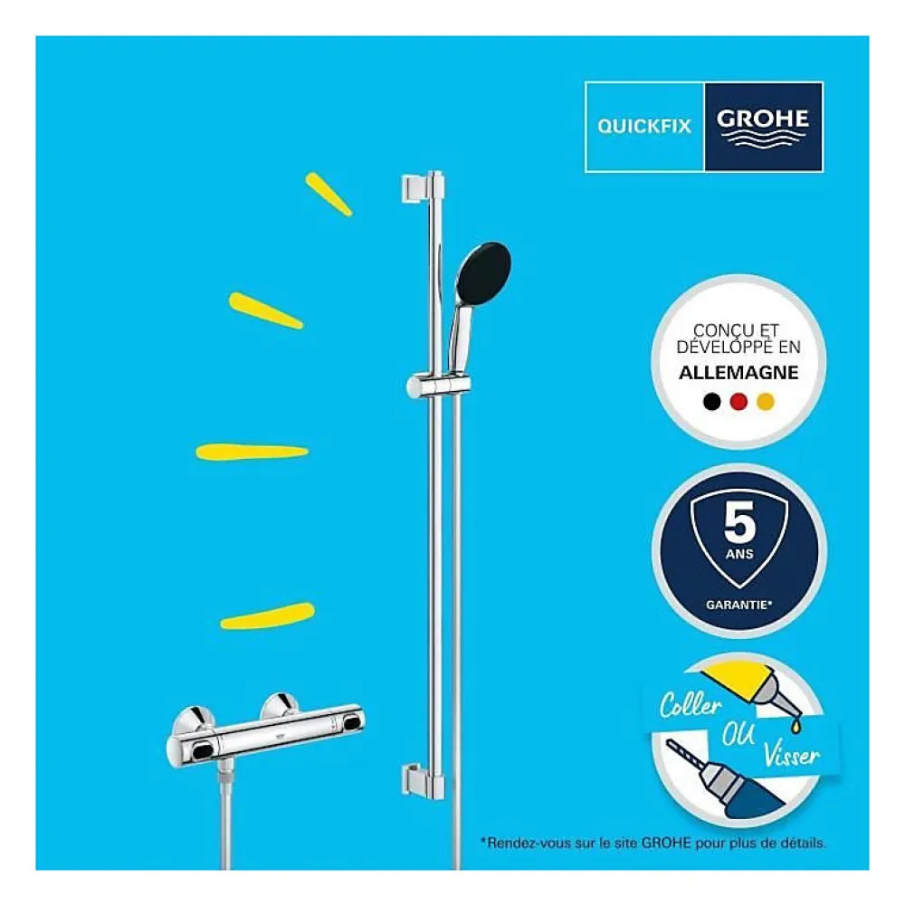 Grohe Precision Flow Set de douche avec mitigeur thermostatique + Douchette + Barre 90 cm, chrome (G34805001)