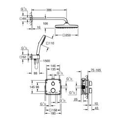 Colonne De Douche Sans Robinetterie|Grohe Precision Set de douche encastrée avec mitigeur thermostatique + Douche de tête + Douchette 2 jets, noir mat (G348822430)
