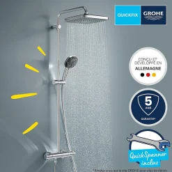 Colonne De Douche Hydromassante|Grohe Quickfix Colonne de douche thermostatique XXL Cube 250 + Douchette 2 jets, Chrome (26696022)