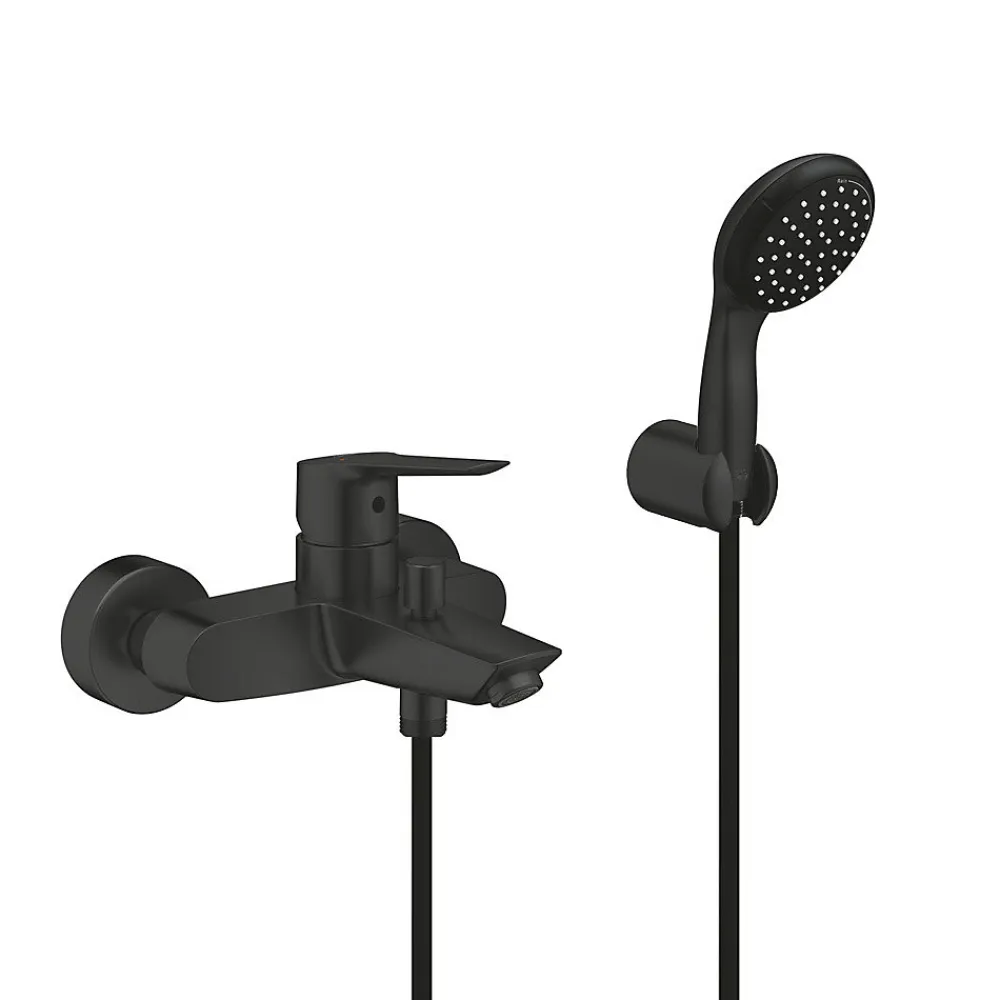 Grohe Set de douche mitigeur Bain/douche 1/2"+ Douchette 2 jets + support mural + Flexible 1750 mm, noir mat