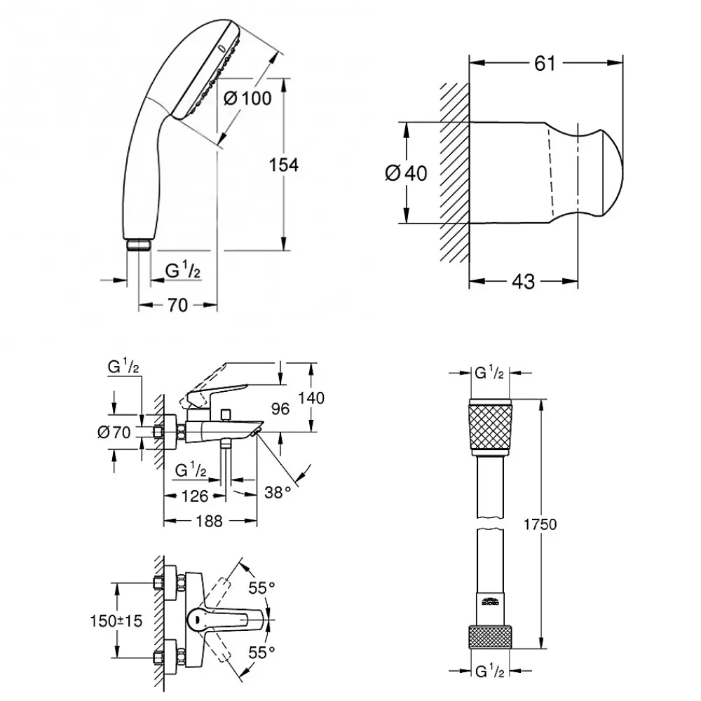 Grohe Set de douche mitigeur Bain/douche 1/2"+ Douchette 2 jets + support mural + Flexible 1750 mm, noir mat