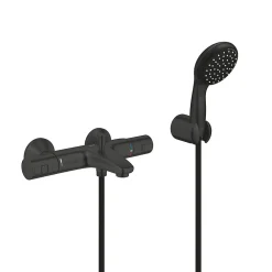 Robinet De Baignoire|Grohe Set de douche mitigeur bain/douche thermostatique + Douchette 2 jets + support mural + Flexible 1750 mm, noir mat