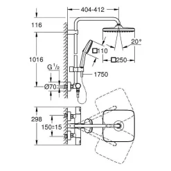 Grohe Vitalio Comfort 250 Colonne de douche avec mitigeur thermostatique + Douche de tête + Douchette 2 jets, chrome (G26696001)