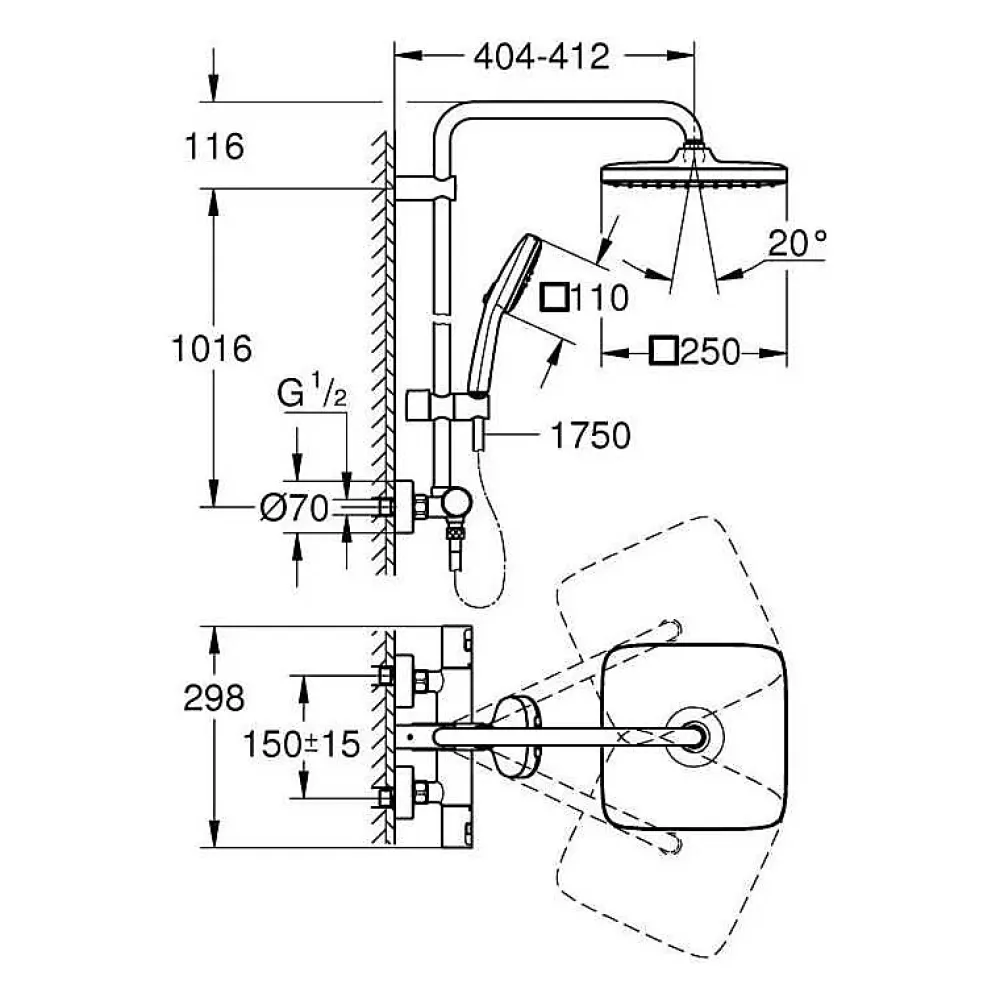 Grohe Vitalio Comfort 250 Colonne de douche avec mitigeur thermostatique + Douche de tête + Douchette 2 jets, chrome (G26696001)
