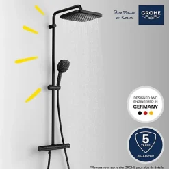 Grohe Vitalio Comfort 250 colonne de douche thermostatique + douche de tête + douchette à main 2 jets, noir mat (G266962431)