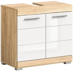 Meuble Sous Lavabo|Chb Collection Hako - Armoire sous-lavabo (L/H/P : 60x56x34 cm) en imitation chêne Sonoma clair et blanc brillant embouti