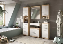 Chb Collection Hako - Meuble sous-lavabo (L/H/P : 60x56x34 cm) en imitation chêne Sonoma clair et blanc brillant embouti