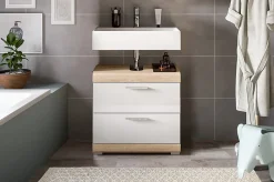 Chb Collection Hako - Meuble sous-lavabo (L/H/P : 60x56x34 cm) en imitation chêne Sonoma clair et blanc brillant embouti