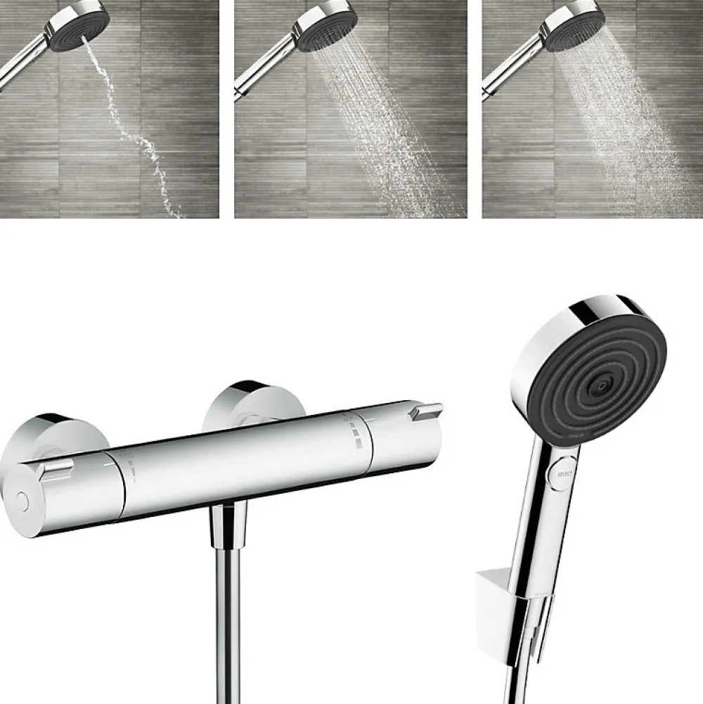 Colonne De Douche Sans Robinetterie|Hansgrohe Ecostat Mitigeur thermostatique douche + Douchette à main XXL 105mm 3 jets, Flexible de douche 125cm, support mural
