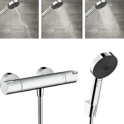 Colonne De Douche Sans Robinetterie|Hansgrohe Ecostat Mitigeur thermostatique douche + Douchette à main XXL 105mm 3 jets, Flexible de douche 125cm, support mural
