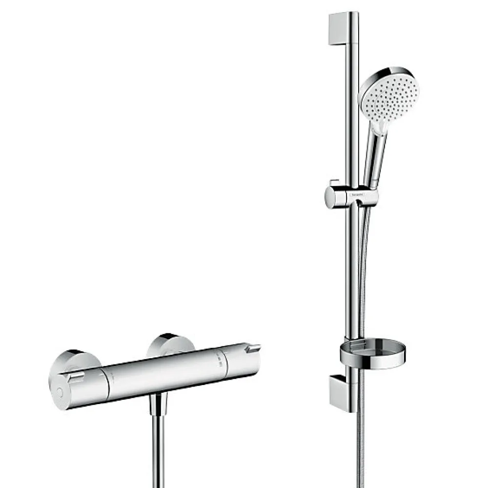 Colonne De Douche Sans Robinetterie|Hansgrohe Ecostat Pack Mitigeur Thermostatique + Set de douche Crometta Vario avec porte-savon (13211000-Crometta2)