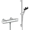Colonne De Douche Sans Robinetterie|Hansgrohe Ecostat Set Mitigeur thermostatique douche + Douchette à main XXL 105mm 3 jets, flexible douche 160cm, barre 65cm