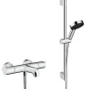Robinet De Baignoire|Hansgrohe Ecostat Set Mitigeur Thermostatique bain/douche + Douchette à main XXL 105mm 3 jets, flexible douche 160cm, barre 65cm