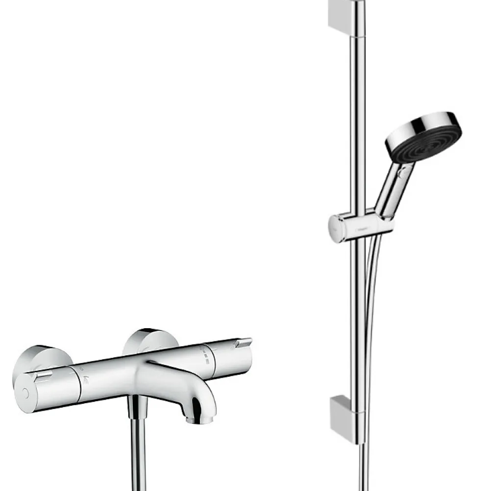 Robinet De Baignoire|Hansgrohe Ecostat Set Mitigeur Thermostatique bain/douche + Douchette à main XXL 105mm 3 jets, flexible douche 160cm, barre 65cm