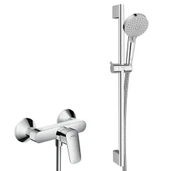 Hansgrohe Ensemble de douche Logis Mitigeur mural + Douchette 2 jets avec Barre 65cm + Flexible, Chrome (71600000-Vernis)