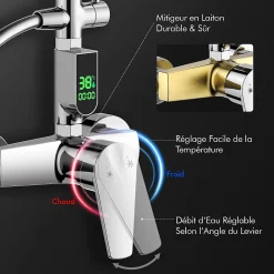 Homelody Colonne de Douche avec Affichage LED Température Mitigeur Mécanique, Douchette 3 Jets, Hauteur Réglable