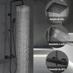 Colonne De Douche Thermostatique|Homelody Colonne de Douche Thermostatique Noir, Ensemble de Douche Thermostat avec Douchette, Hauteur Réglable