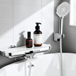 Robinet De Baignoire|Homelody Robinet Baignoire avec Tablette370 mm, Douchette à Main et Sortie Bain, Chrome