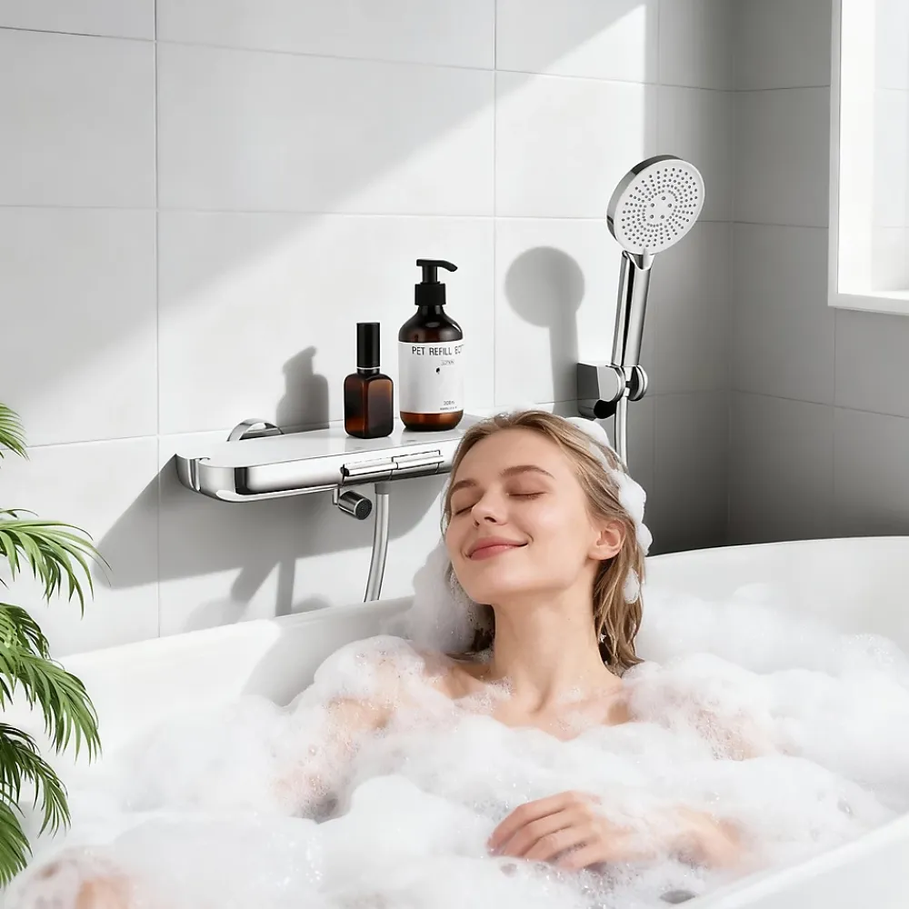 Robinet De Baignoire|Homelody Robinet Baignoire avec Tablette370 mm, Douchette à Main et Sortie Bain, Chrome