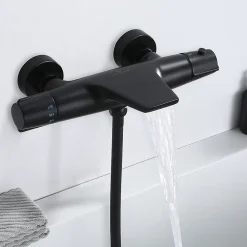 Homelody Robinet de Baignoire Thermostatique Noir, Design Cascade, Sécurité Anti-brûlure, Laiton