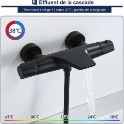Homelody Robinet de Baignoire Thermostatique Noir, Design Cascade, Sécurité Anti-brûlure, Laiton