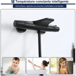 Homelody Robinet de Baignoire Thermostatique Noir, Design Cascade, Sécurité Anti-brûlure, Laiton