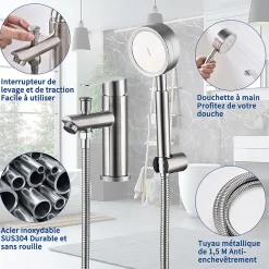 Homelody Robinet Salle de Bain Mitigeur de Douche avec Pommeau et Flexible Kit de Robinet Monotrou à Double Usage
