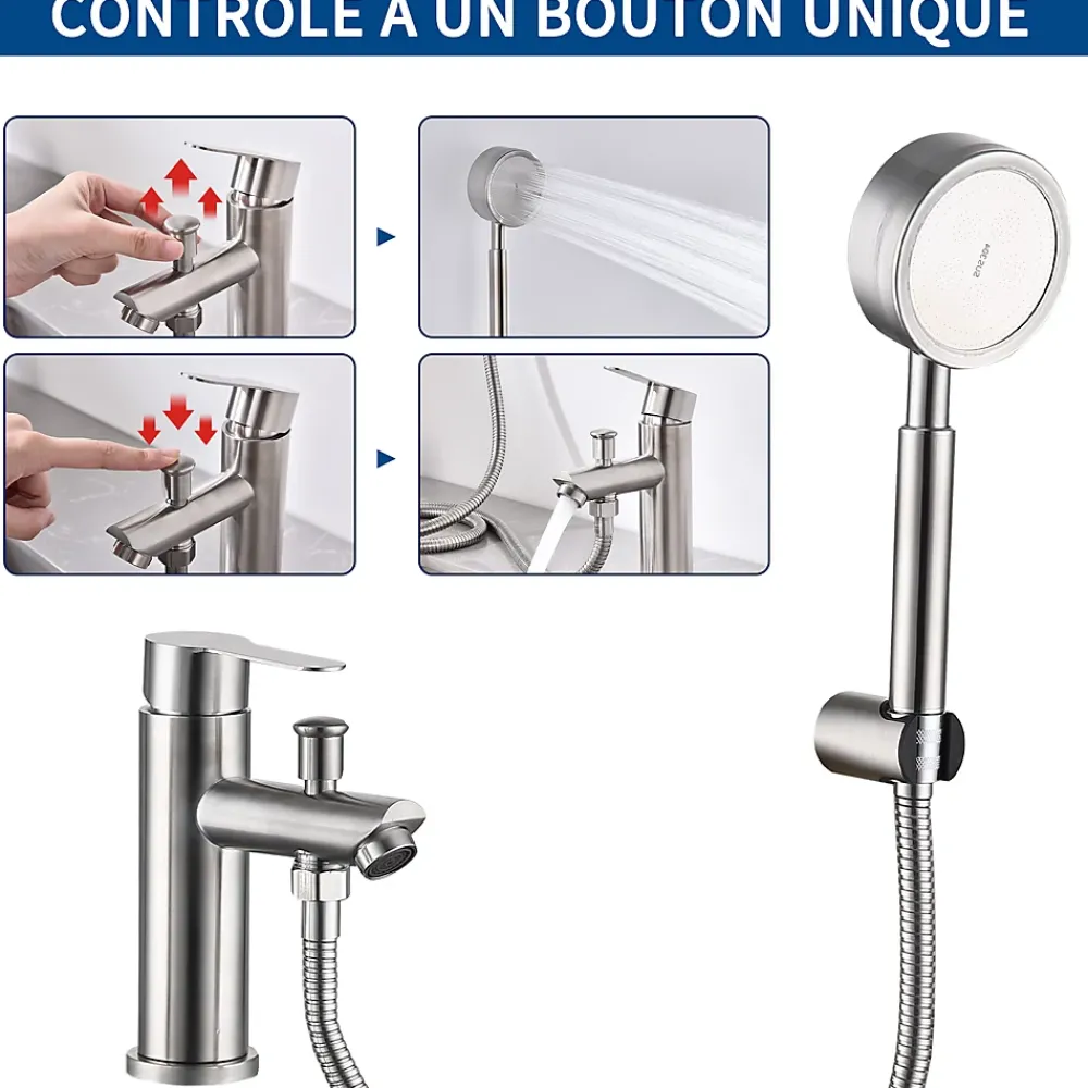 Homelody Robinet Salle de Bain Mitigeur de Douche avec Pommeau et Flexible Kit de Robinet Monotrou à Double Usage