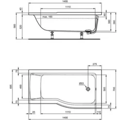 Ideal Standard baignoire pour bain douche 150x80 asymétrique Connect Air droite blanc