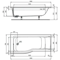 Baignoire Droite|Ideal Standard baignoire pour bain/douche 170 x 80 asymétrique Connect Air gauche blanc