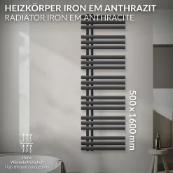 Luxebath Iron EM Design Radiateur Sèche-Serviettes - 500 x 1600 mm - Anthracite - Chauffage Moderne -Radiateur