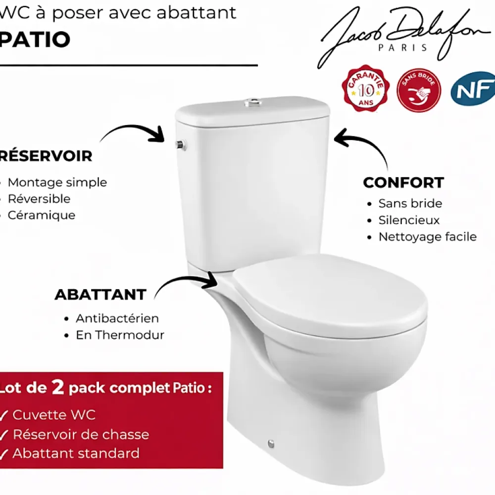 Wc À Poser|Jacob Delafon Lot de 2 WC à poser sans bride Patio + abattant