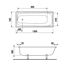 Baignoire Droite|Jika (Groupe Roca) Riga 130 x 70 cm Baignoire gain de place 150 L en acier émaillé, sans pieds, blanc (H2340300000001)