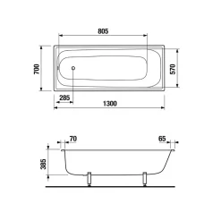Jika (Groupe Roca) Riga 130x70 cm baignoire gain de place 150 L en acier émaillé avec pieds, gauche et droite, blanc (3403-SET)