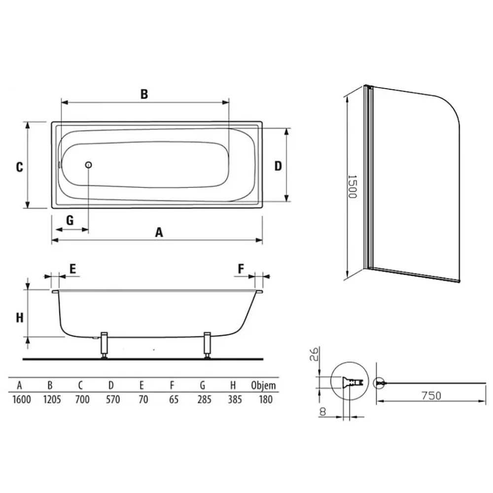 Baignoire Droite|Jika (Groupe Roca) 160x70 cm Ensemble baignoire Riga universelle + Pare baignoire pivotant chrome + pieds (3406-SETP)