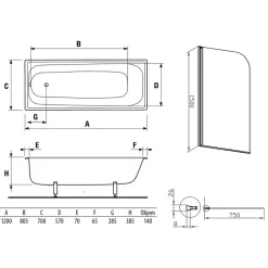 Baignoire Droite|Jika (Groupe Roca) 120x70 cm Ensemble baignoire Riga universelle + Pare baignoire pivotant chrome + pieds (3402-SETP)