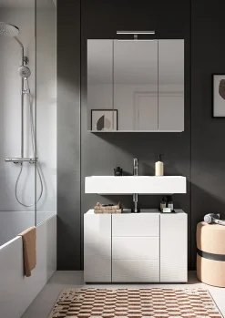 Chb Collection Kai - Armoire sous lavabo (L/H/P : 82x56x34 cm) en mélaminé blanc et blanc brillant profond